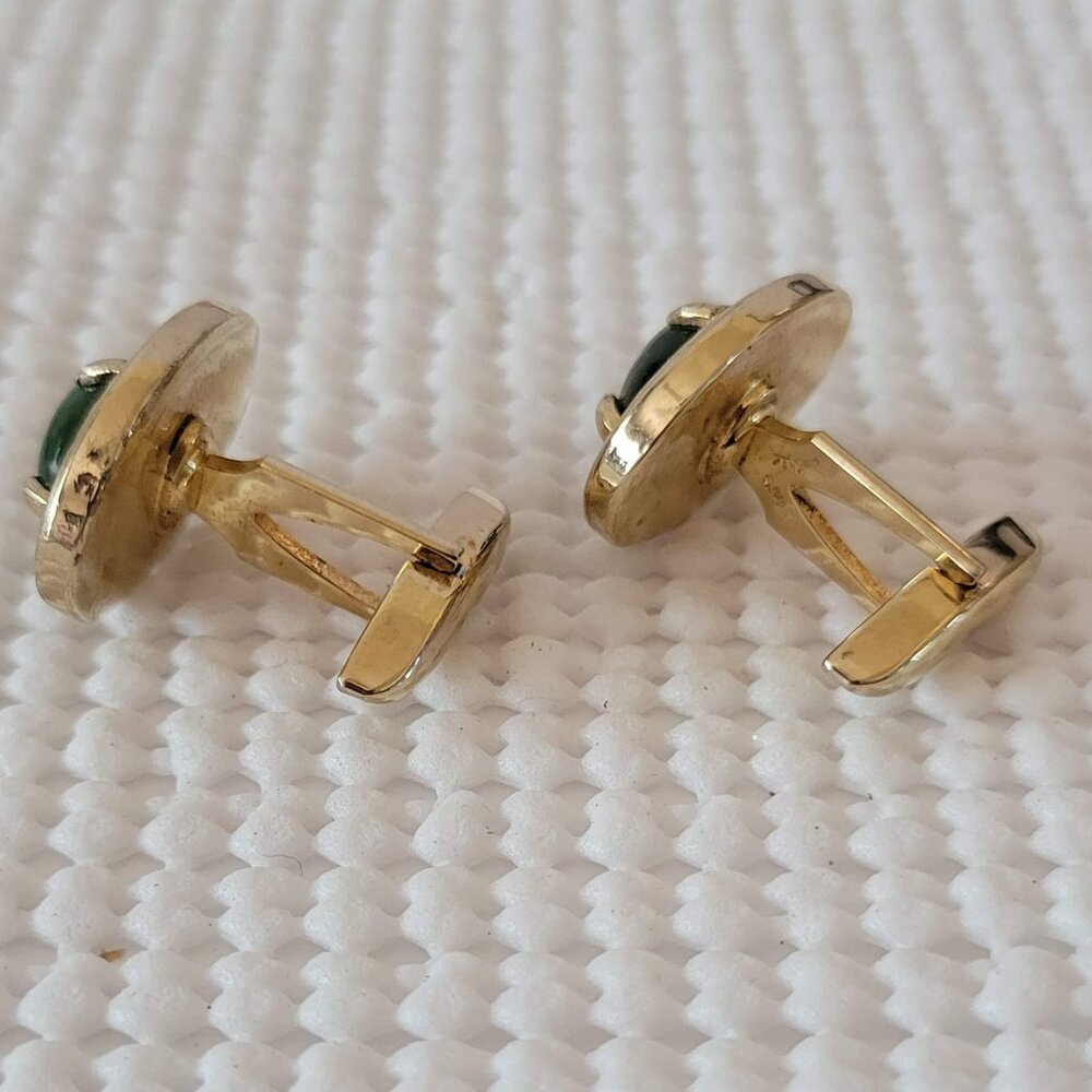 Swank Gold Tone Open Work Emerald Green Cabochon Oval Men's Cufflinks Marked S - Picture 6 of 7